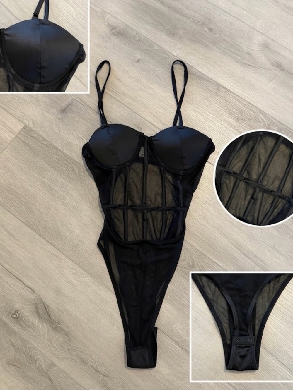 Womanโs black corset mesh bodysuit size small NWOT excellent condition